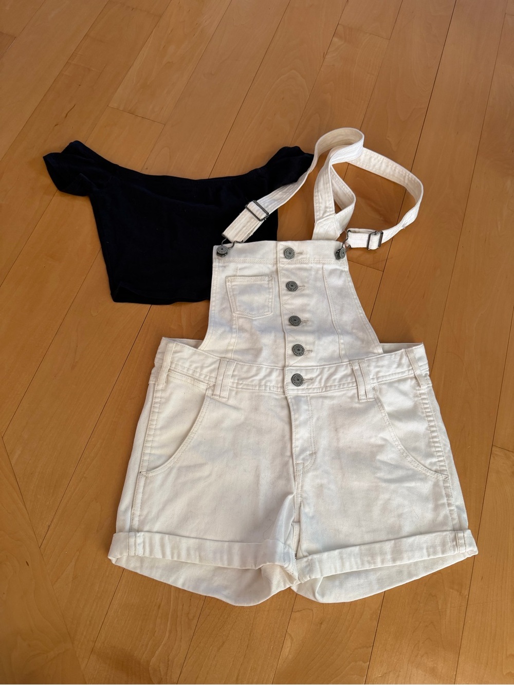 H&M Black Top with White Denim Overall Shorts Set